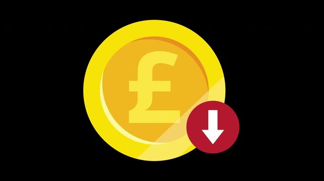 Transparent Alpha Channel Falling British Pound GBP Icon with Red Arrow for UK Financial Crisis