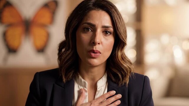 Woman business portrait speaking empathy apology professional communication office interview, serious businesswoman indoor crisis conversation, female blazer hand chest, warm light blurred background