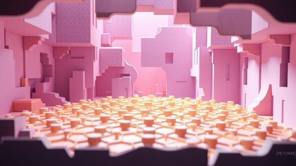 Obraz premium Abstract pink cityscape. Blocky structures, geometric shapes, many small cubes forming base. Minimalist design, soft lighting, digital art.