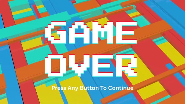 Conclusive digital message 'Game Over' in a classic pixel font, against an energetic backdrop of vibrant, three-dimensional geometric elements, signaling a gaming cessation