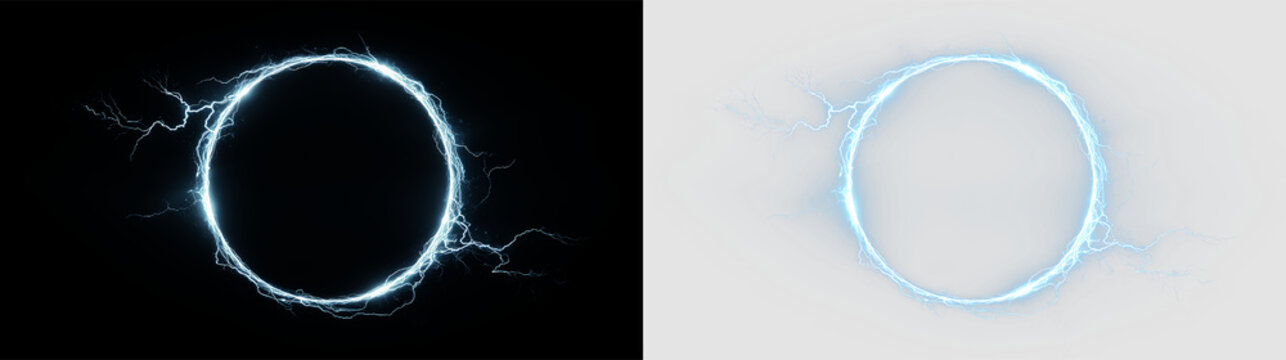 Circular electric frame design with blue lightning effects isolated on transparent and black background, for digital use, light overlay, PNG