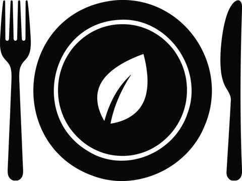 Healthy vegan diet icon with fork and knife plate and leaf symbol for organic nutrition menu concept and weight loss plan.