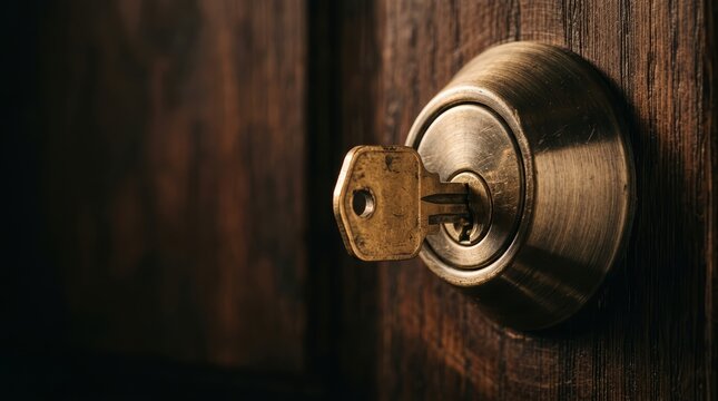 Close-up conceptual image of a key left inside a door lock. Represents home security, access, privacy, trust, ownership, opportunity, safety, and vulnerability