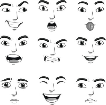 A set of nine distinct facial expressions illustrating a range of human emotions from joy to anger and surprise.Collection of Diverse Human Face Expressions Showing Various Emotions and Moods