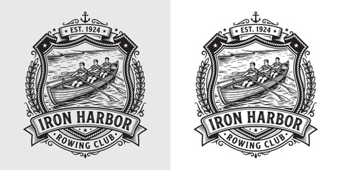 Vintage Style Rowing Club Logo For Iron Harbor With Rowers © Hamdani