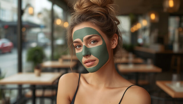 There is a woman that has a green mask on her face