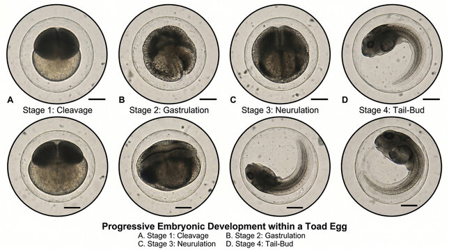 Progressive embryonic development within a toad egg stages cleavage gastrulation neurulation tail bud