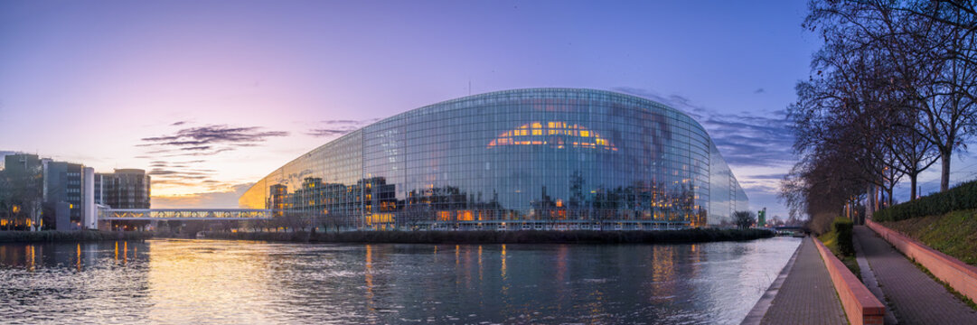 Strasbourg, France - January 16, 2026: European Parliament building at blue hour in Strasbourg, France