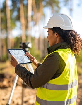 Woman surveyor using tablet in forest