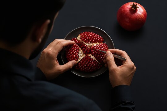Pomegranate being opened and eaten on a dark table with hands and whole fruit