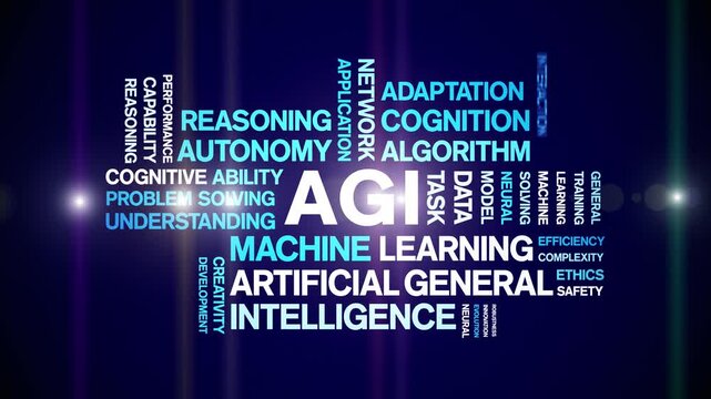 AGI Artificial General Intelligence animated word cloud-gross domestic product animation tag kinetic typography seamless loop.
