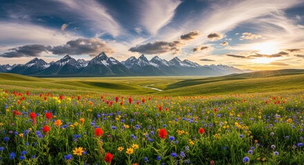 Fototapeta premium Wildflower meadow in front of snowy mountains at sunset