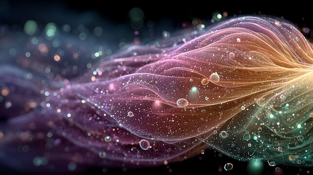 Abstract flowing light waves with Kpop neon pink purple orange teal gradient, sparkling particles and bubbles on dark background, futuristic design for tech banners, wallpapers, presentations.