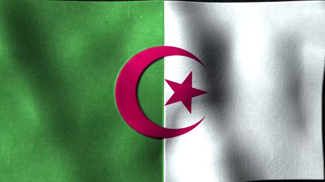 3D Algerian National Flag with Red Crescent and Star Fluttering in Wind.