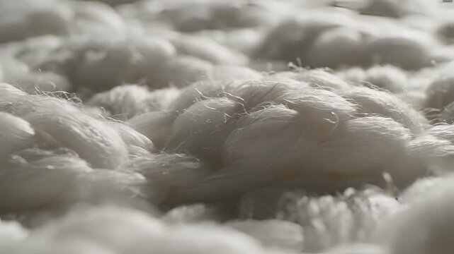 Closeup macro view of fluffy white cotton fibers texture background.