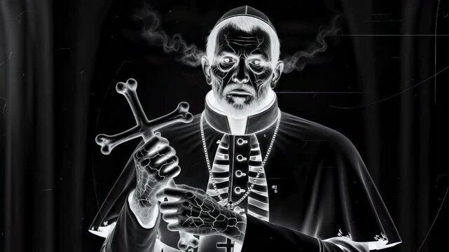 Man dressed as cardinal holding bone cross with glowing eyes. Sinister priest in negative effect. Horror Halloween character posing for dark religious concept.