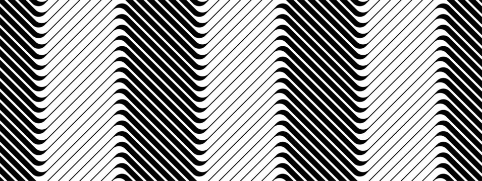 Abstract Black and White Optical Illusion Vector Pattern. Seamless Geometric Zigzag Wavy Lines Background. Op Art Dynamic Graphic Design.
