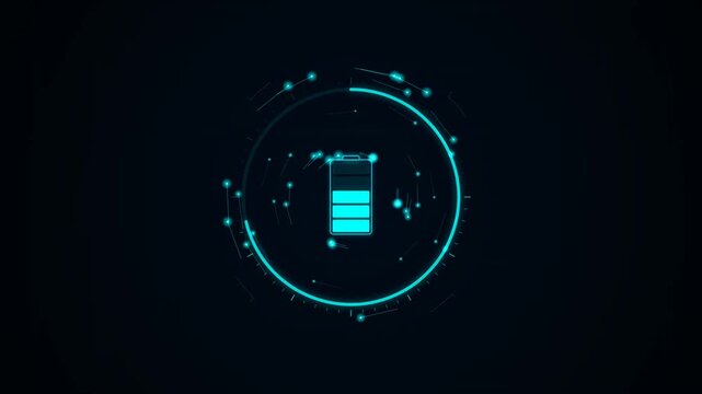 Digital battery icon charging with cyan particles and hud circle