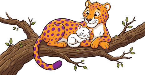 A colorful cheetah and a white cat lying on a tree branch © jannat Stock