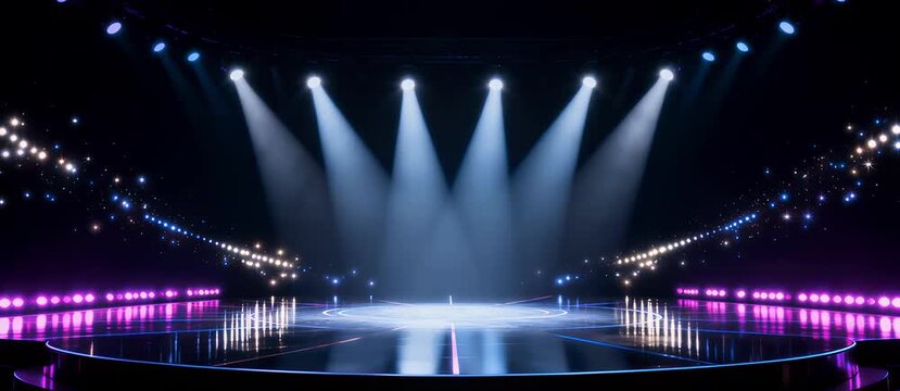 Brightly lit stage with spotlights and a reflective floor, creating a vibrant atmosphere for a performance or event