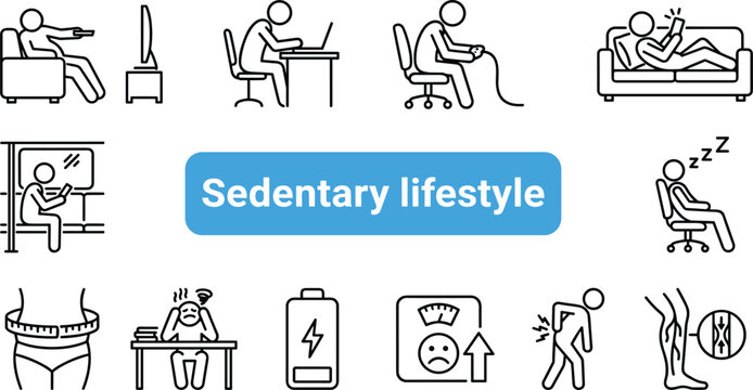 A collection of icons depicting a sedentary lifestyle with people sitting and being inactive