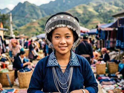 A Young Hmong Woman in a Bustling Market: A radiant young Hmong girl, adorned in traditional ethnic attire and headdress, smiles warmly amidst the vibrant chaos of a rural marketplace.