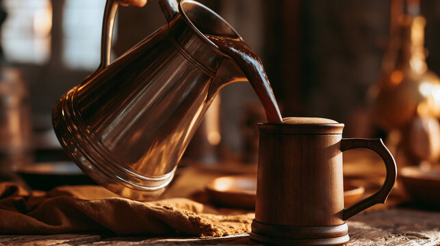 flagon. A metal flagon pouring dark ale into a wooden mug on a rustic tavern table. bar promotions, beverage menus, designed for product packaging and bar promotions, used by web designers.