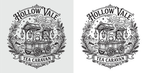 Fototapeta premium Hollow Vale Tea Caravan Mountain Landscape Emblem