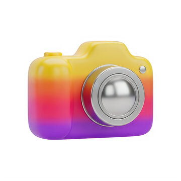 A colorful digital camera with a rainbow gradient body and silver lens and details shown here