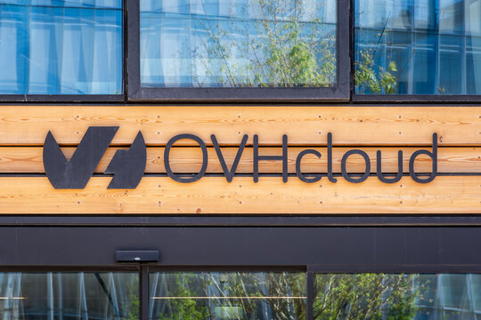 Paris, France, April 7, 2026: Close-up of the sign of OVHcloud, formerly OVH &mdash; a French cloud computing company founded by Octave Klaba in 1999 in Roubaix, France &mdash;  at the entrance of the offices.