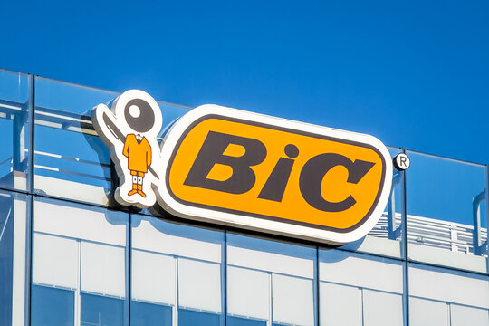 Clichy, France - April 7, 2026: Logo on the headquarters of BIC, a French manufacturing company founded in 1945 by Marcel Bich, producing disposable items like ballpoint pens, lighters, and razors.