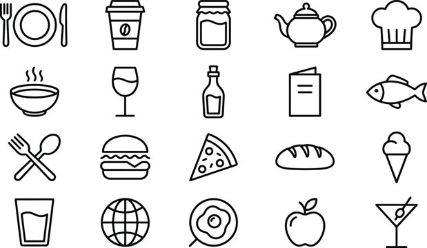A collection of black line art icons representing various food and drink items