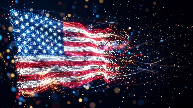 Abstract United States flag created with glowing particles and sparkling lights for Independence Day celebration background.