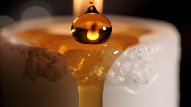 Closeup of golden honey dripping onto a white candle flame.