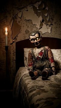 Creepy ventriloquist puppet with glowing eyes sitting on bed in dark room. Horror theme Halloween decor for haunted house. Spooky toy in antique bedroom setting. Vertical video