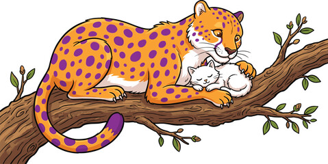 A cheetah tenderly snuggles its adorable cubs on a tree branch with leaves. © jannat Stock