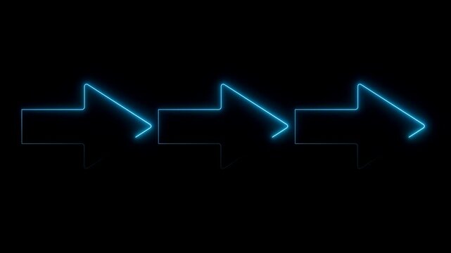 Arrows in blue neon light, illuminated arrows point to the right. The arrows move forward, in an endless loop. Direction, pointing at something, right hand, orientation. 