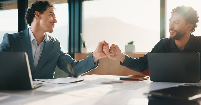 Team, fist bump and business men in office with partnership for finance review or budget deal. Meeting, collaboration and financial advisors with agreement for investment proposal or acquisition