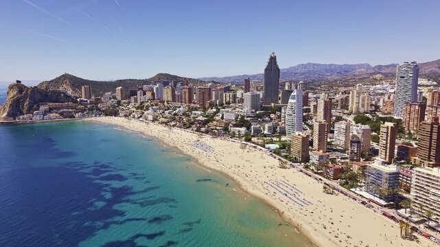 Aerial panorama of Benidorm coastline and urban skyline Spain.