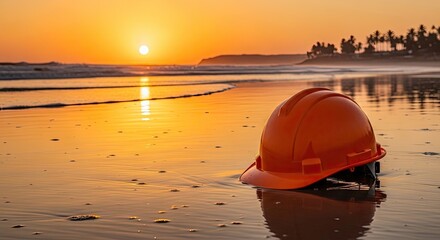 Hard hat resting on a tropical sandy beach at sunset for labor day with construction tropical vacation industrial professional engineering protective reflection employee