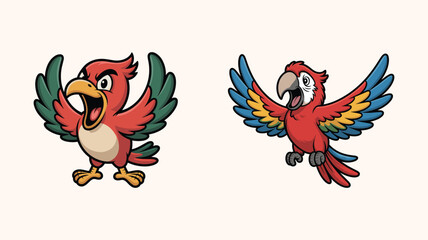 Two cartoon macaws with vibrant feathers, one red angry bird, one colorful excited bird. © Anukul Debnath