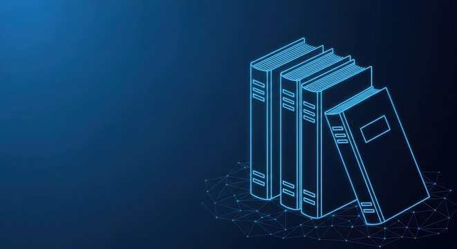 Three illuminated books on a digital network, representing knowledge and education