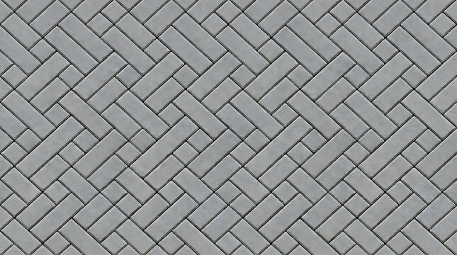 Seamless repeating texture of gray concrete pavers in a decorative herringbone pattern for architectural landscaping design