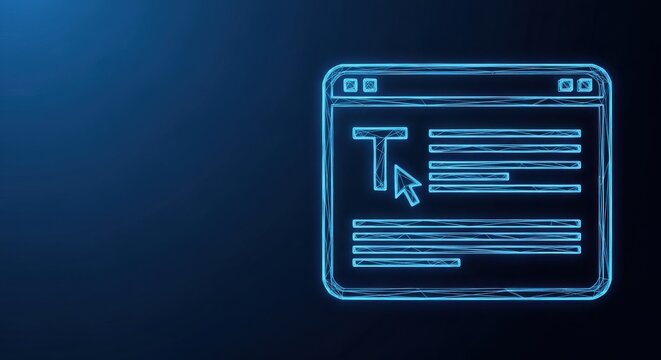 Neon text editor window interface with cursor and typing lines on dark background, symbolizing digital content creation and online writing.