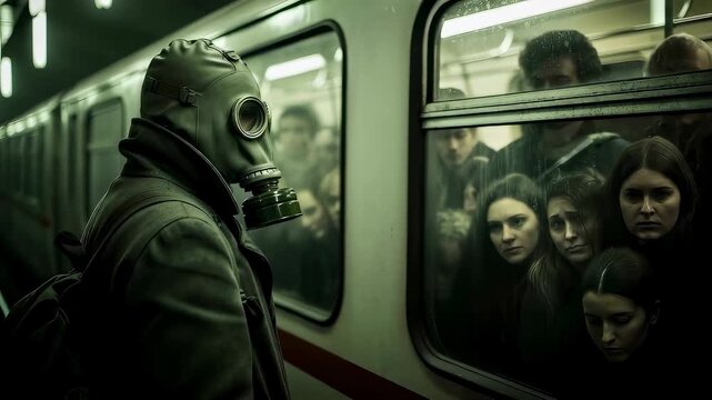 Man in gas mask stands on subway platform looking at woman passengers inside train carriage. Dystopian horror scene in dark underground tunnel, suspense concept.