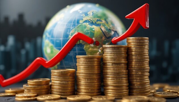 A stack of gold coins with a red arrow pointing up in front of a globe