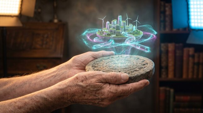 Manos ancianas sosteniendo un holograma de una ciudad flotante sostenible que emana de un disco de piedra