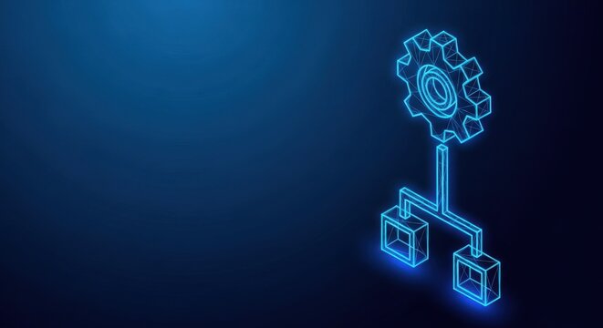 Glowing Blue Technology Network Diagram with Gears and Cubes