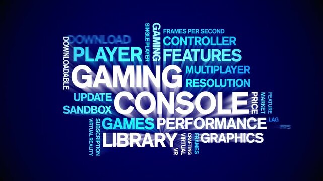 Gaming Console animated word cloud-gross domestic product animation tag kinetic typography seamless loop.