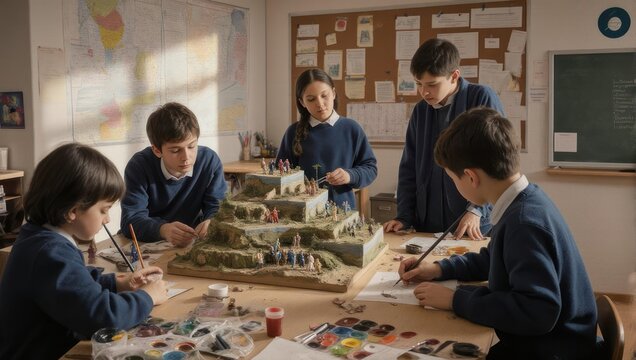 Students collaborate on a model city project in classroom.
